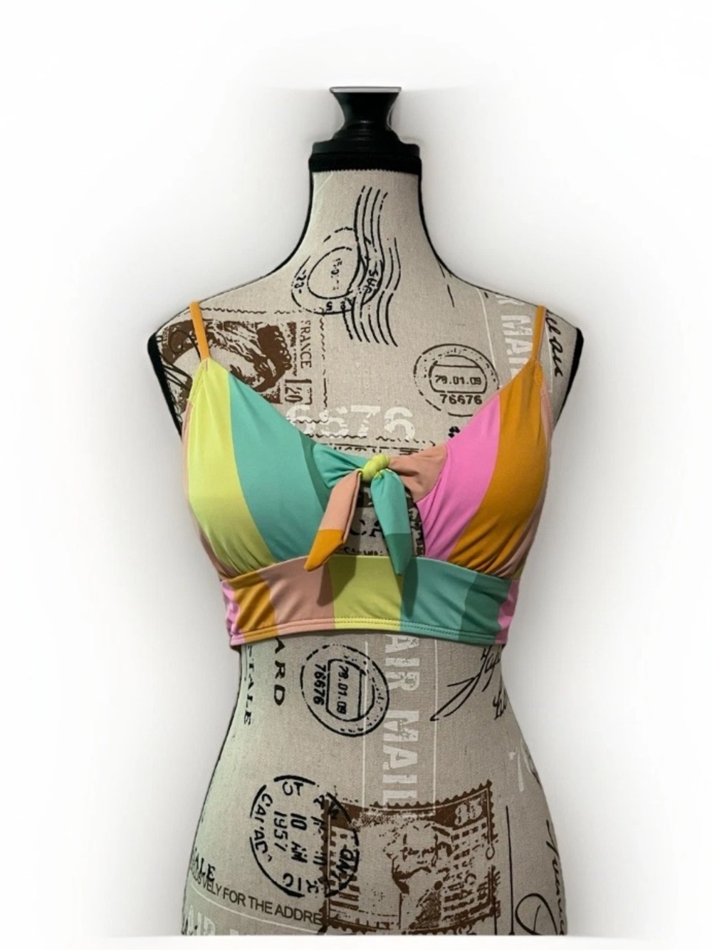 The Bikini Lab Bikini Top Pastel Rainbow Stripe Colorblock Tie Front Bralett XL